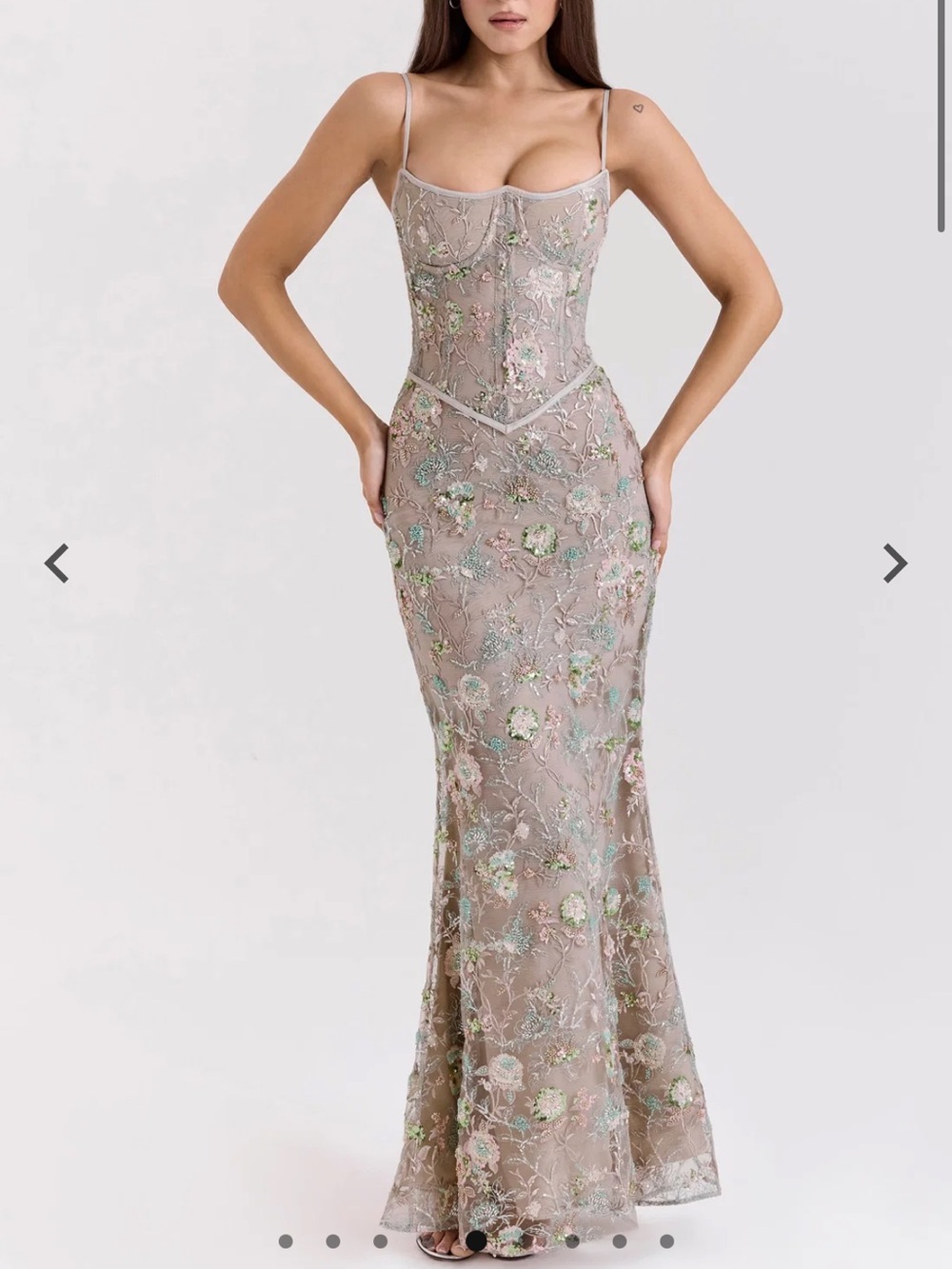 Nude Floral Embroidered Corset Maxi Dress